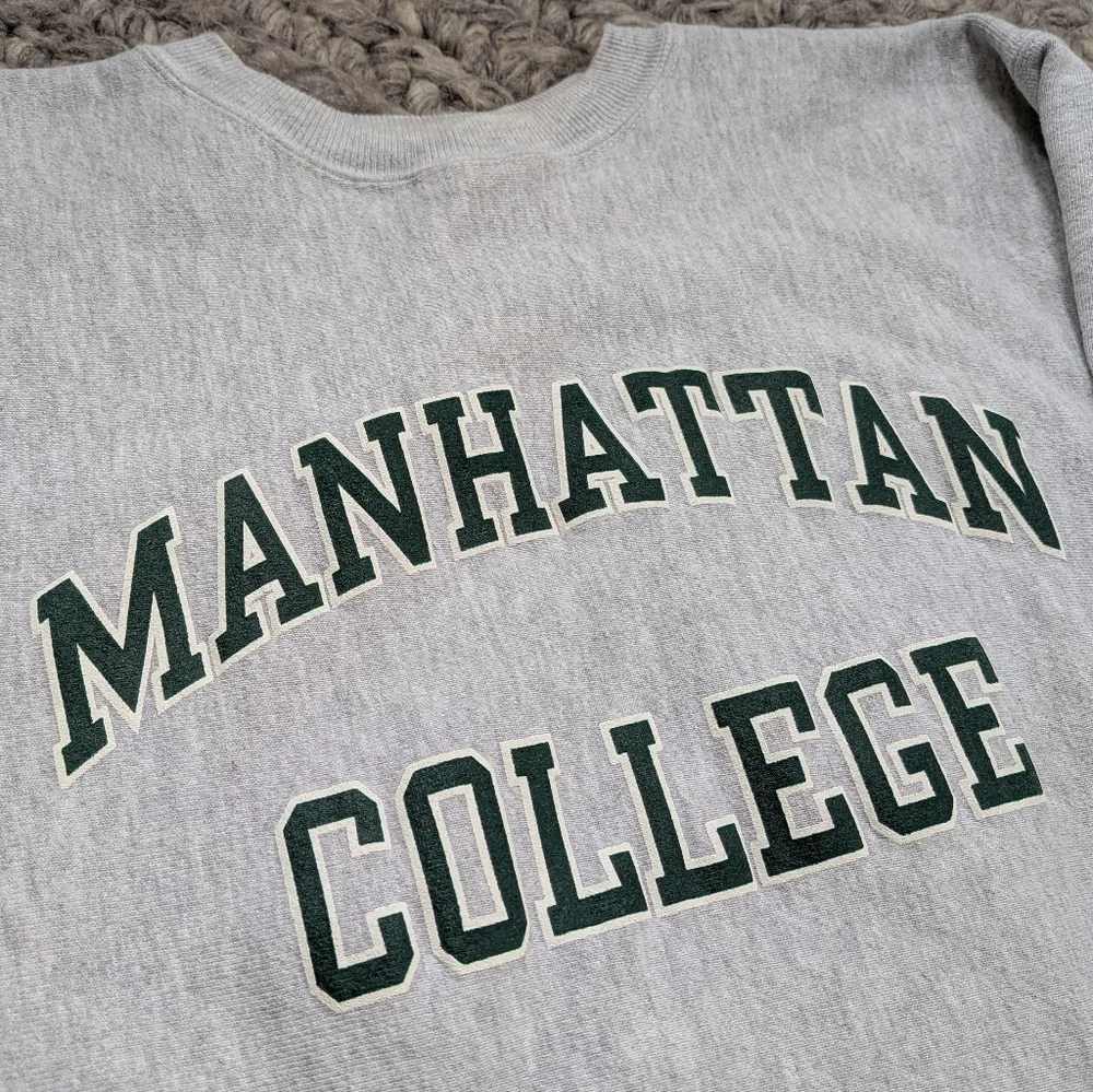 Vintage 90's Champion Reverse Weave Manhattan College Sweatshirt Gray Green XL - Picture 1 of 9